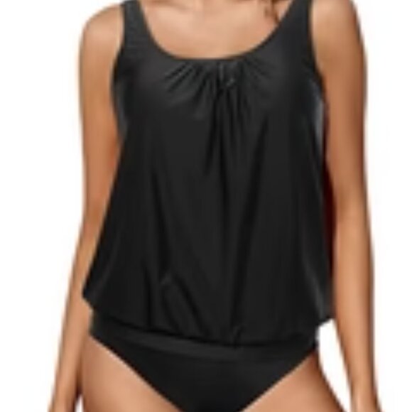 YONIQUE BLACK SCOOP BLOUSON TANKINI TOP & STANDARD RISE SWIM BOTTOM SIZE XXL NWT - Picture 2 of 4